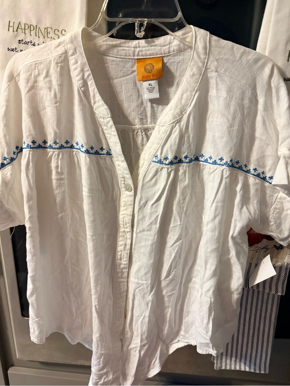 Ruby Rd. White Button-Front Cotton Top with Blue Embroidery